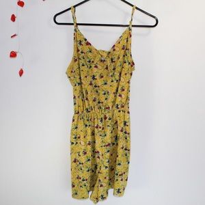 Mustard yellow stretchy romper shorts spaghetti strap floral women’s large